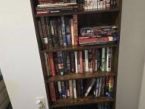 Tall wooden bookcase filled with books